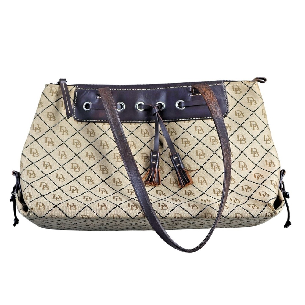 Dooney‎ & Bourke Tote Bag Womens Large Beige Monogram Canvas Leather Shoulder